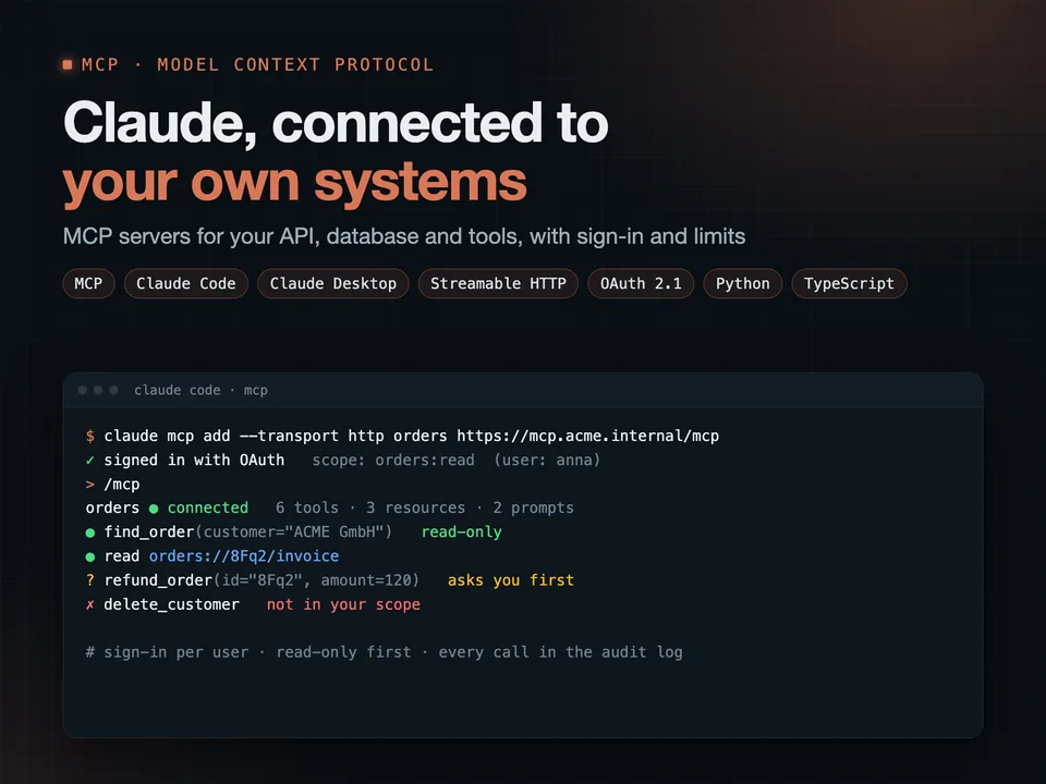 Claude reads your systems through an MCP server with sign-in, scopes and an audit log